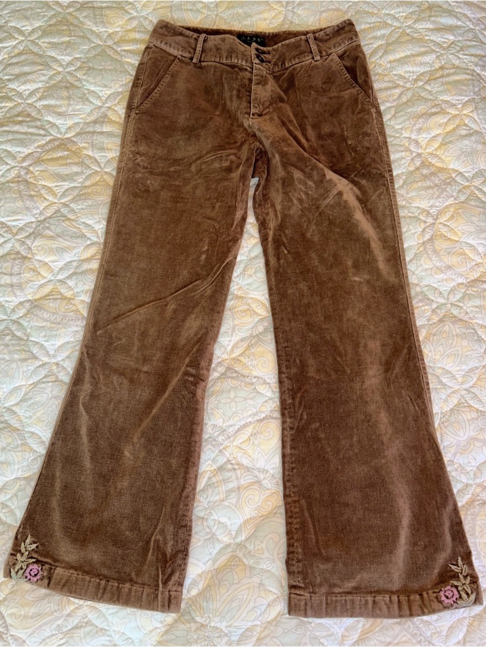 Brown Corduroy Embroidered Hem Pants